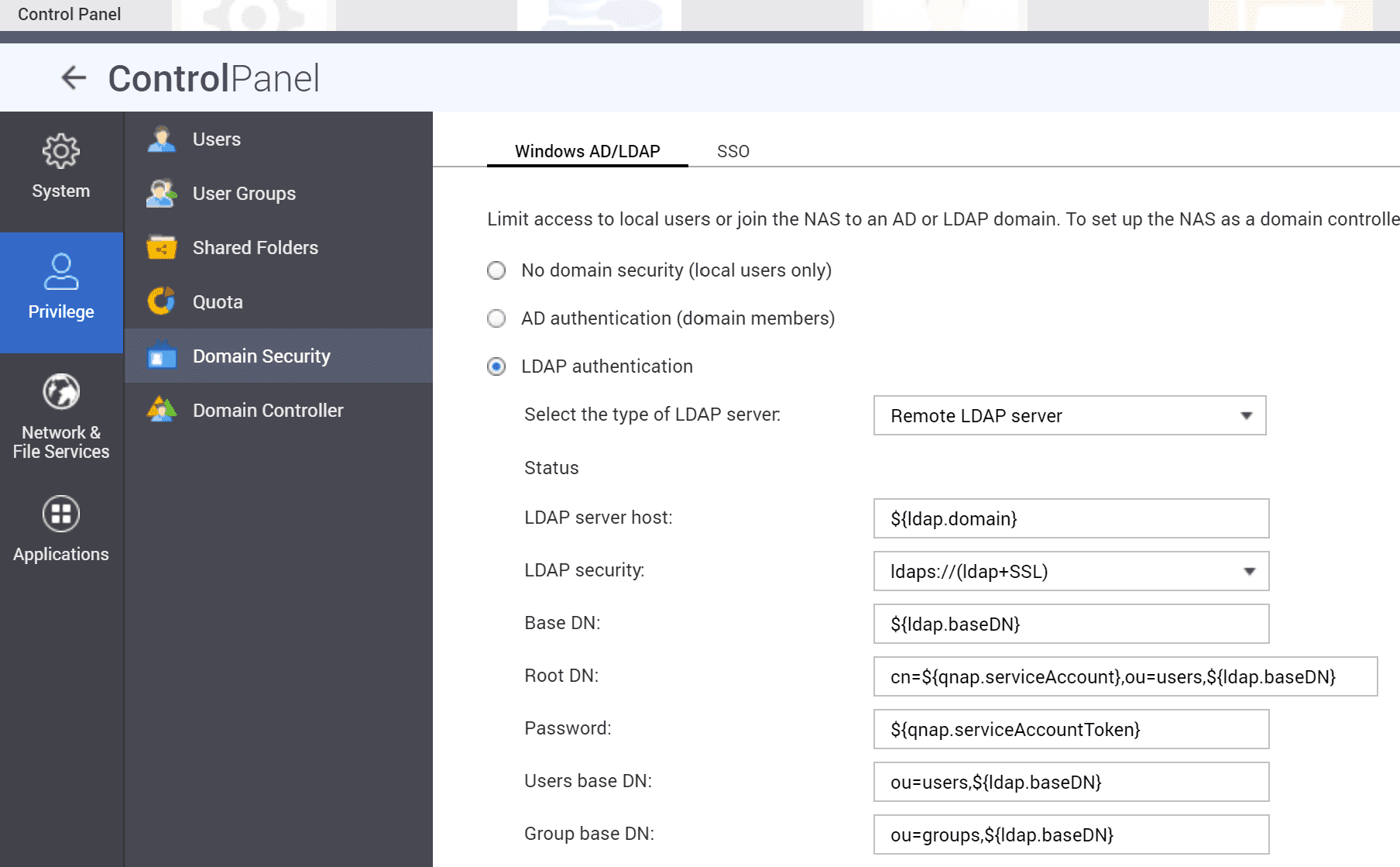 QNAP domain security LDAP configuration